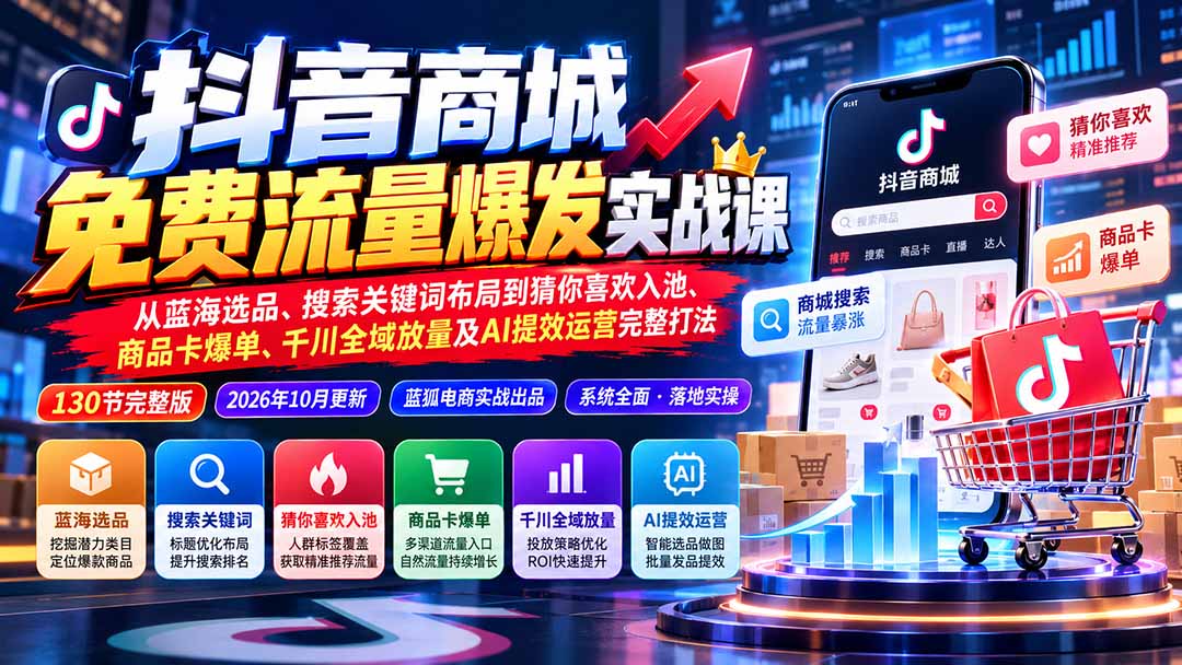抖店城免费流量爆发实战-更新：蓝海选品、搜索关键词布局到猜你喜欢入池、商品卡爆单、千川全域放量及AI提效完整打法-LanTi云网创