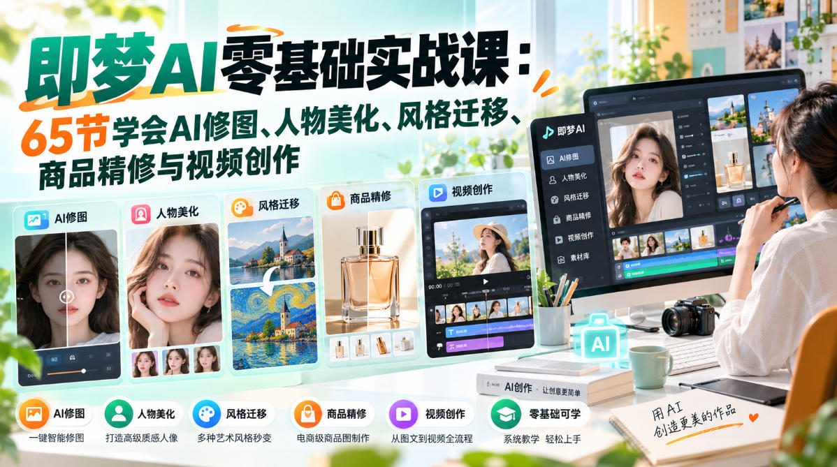 即梦AI零基础实战课：65节学会AI修图、人物美化、风格迁移、商品精修与视频创作-LanTi云网创