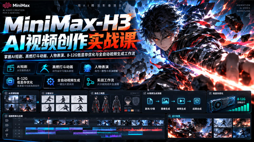 MiniMax-H3 AI视频创作实战课，掌握AI短剧、高燃打斗动画、人物表演、8-12G低显存优化与全自动视频生成工作流-LanTi云网创