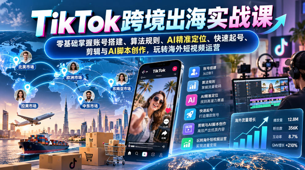 TikTok跨境出海实战课：零基础掌握账号搭建、算法规则、AI精准定位、快速起号、剪辑与AI脚本创作，玩转海外短视频运营-LanTi云网创