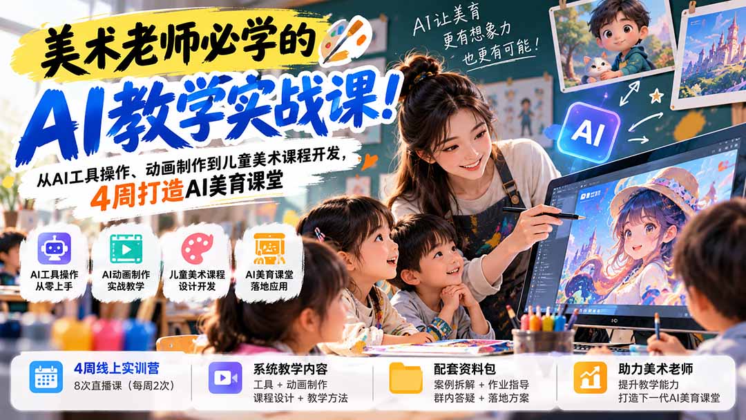 美术老师必学的AI教学实战课！从AI工具操作、动画制作到儿童美术课程开发，4周打造AI美育课堂-LanTi云网创