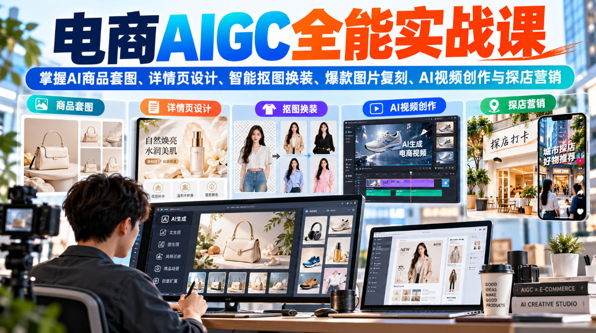 电商AIGC全能实战课：掌握AI商品套图、详情页设计、智能抠图换装、爆款图片复刻、AI视频创作与探店营销-LanTi云网创