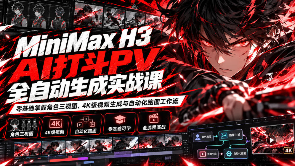 MiniMax H3 AI打斗PV全自动生成实战课：零基础掌握角色三视图、4K级视频生成与自动化跑图工作流-LanTi云网创