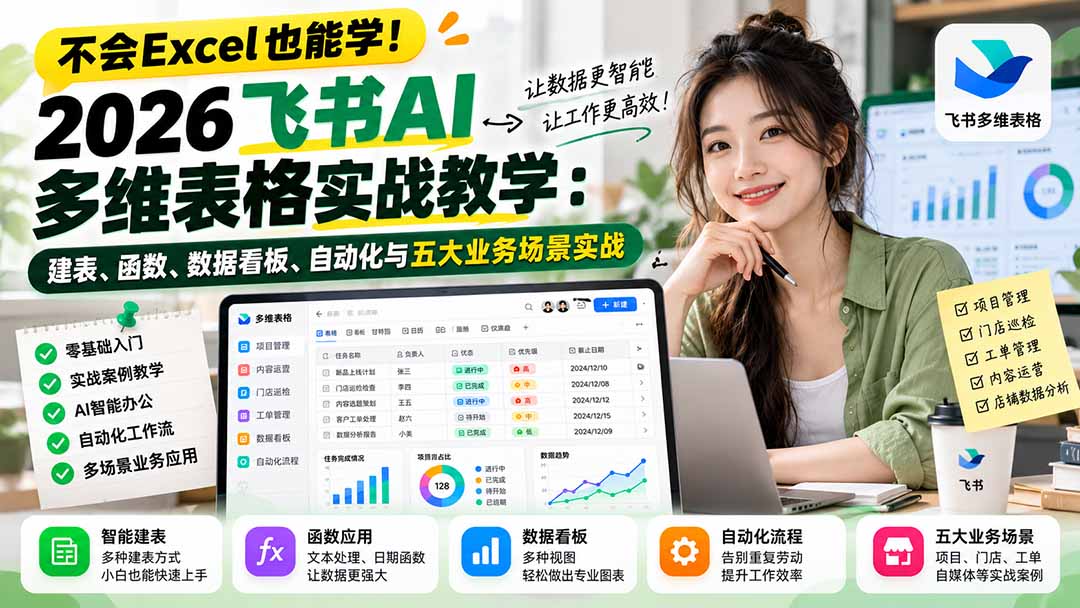 不会Excel也能学！2026飞书AI多维表格实战教学：建表、函数、数据看板、自动化与五大业务场景实战-LanTi云网创