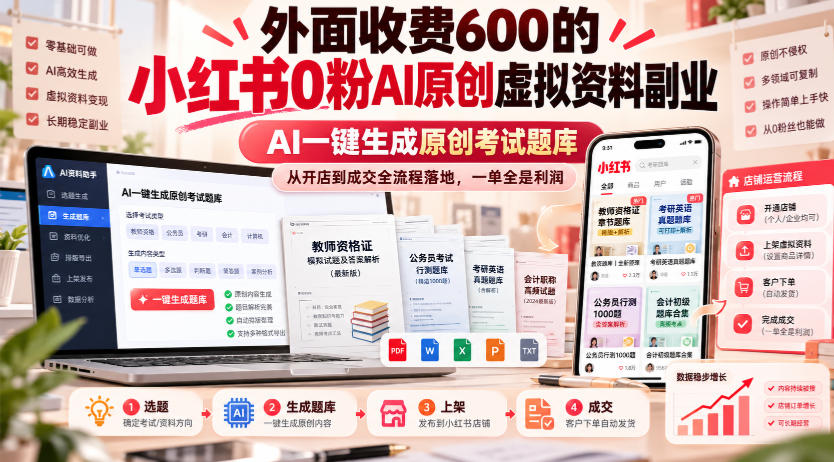 外面收费600的小红书0粉AI原创虚拟资料副业，AI一键生成原创考试题库，从开店到成交全流程落地，一单全是利润-LanTi云网创