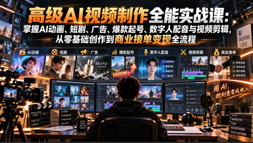高级AI视频制作全能实战课：掌握AI动画、短剧、广告、爆款起号、数字人配音与视频剪辑，从零基础创作到商业接单变现全流程-LanTi云网创