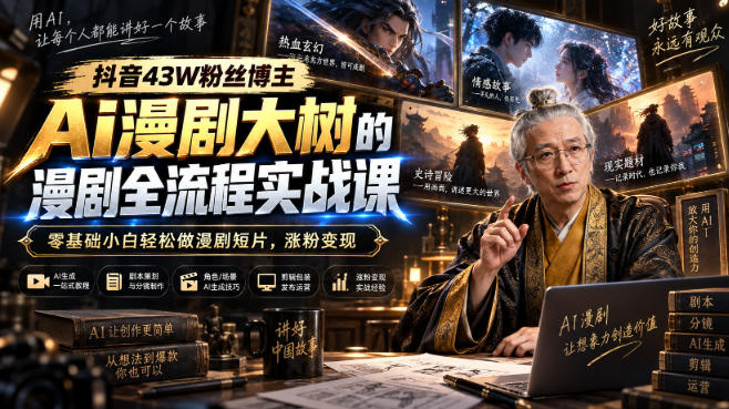 抖音43W粉丝博主Ai漫剧大树的漫剧制作全流程实战课，零基础小白轻松做漫剧短片，涨粉变现(更新1027)-LanTi云网创