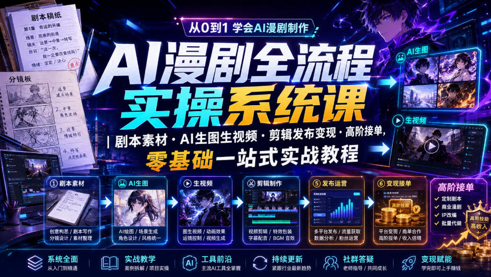 AI漫剧全流程实操系统课｜剧本素材・AI生图生视频・剪辑发布变现・高阶接单，零基础一站式实战教程(更新1027)-LanTi云网创