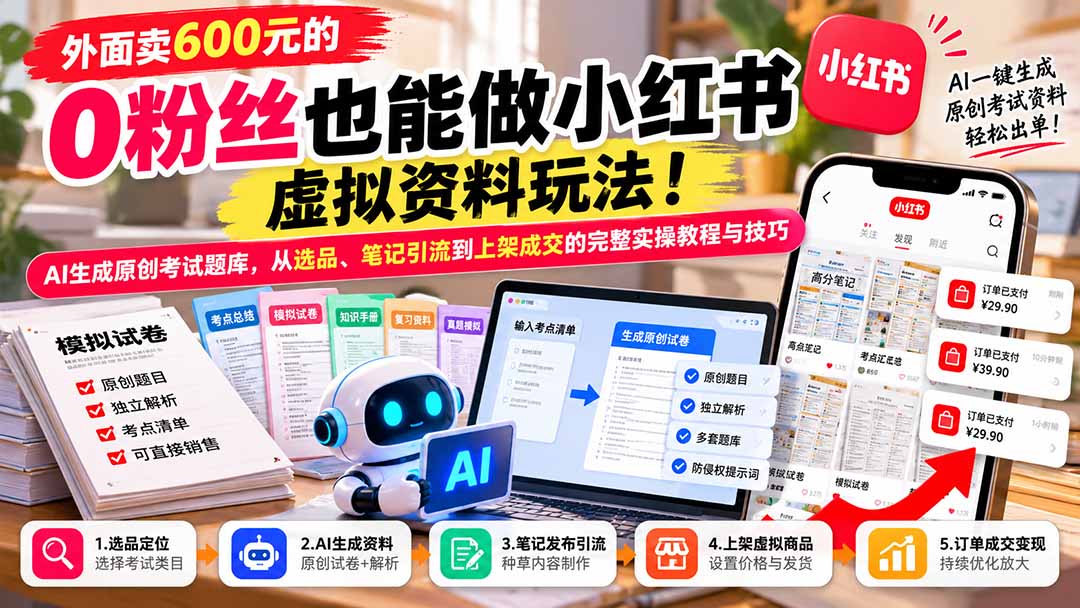 外面卖600元的 零粉丝也能做小红书虚拟资料玩法！AI生成原创考试题库，从选品、笔记引流到上架成交的完整实操教程-LanTi云网创