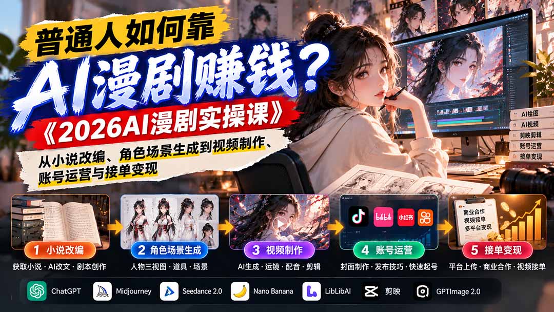 普通人如何靠AI漫剧赚钱？《2026AI漫剧实操课》从小说改编、角色场景生成到视频制作、账号运营与接单变现-LanTi云网创