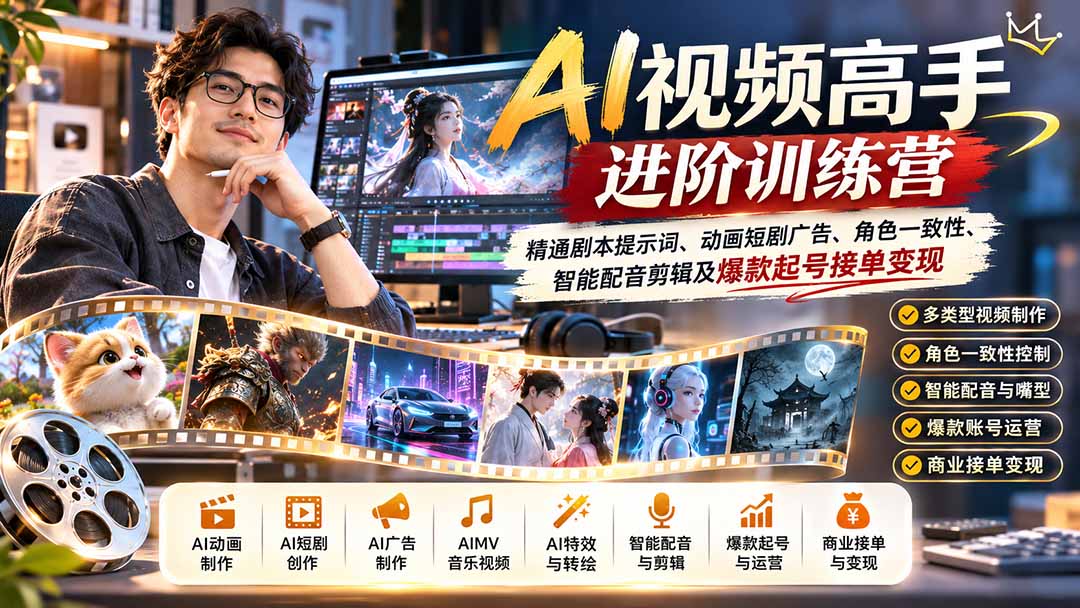 AI视频高手进阶训练营：精通剧本提示词、动画短剧广告、角色一致性、智能配音剪辑及爆款起号接单变现-LanTi云网创