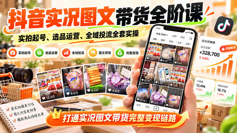 抖音实况图文带货全阶课｜实拍起号、选品运营、全域投流全套实操，打通实况图文带货完整变现链路-LanTi云网创