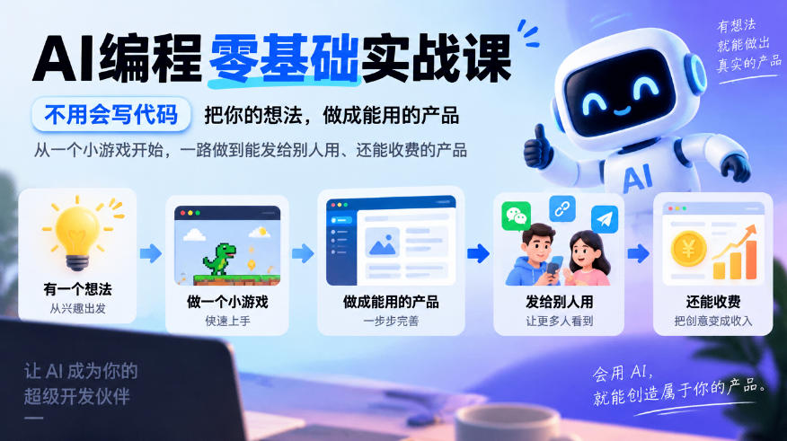 AI编程零基础实战课，不用会写代码，把你的想法，做成能用的产品，从一个小游戏开始，一路做到能发给别人用、还能收费的产品-LanTi云网创