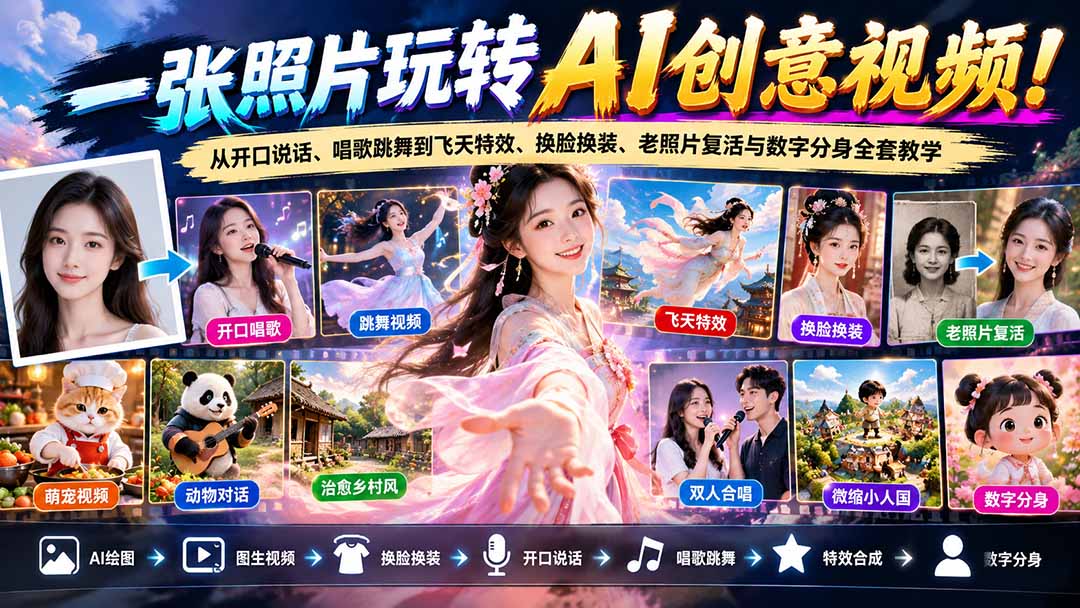 一张照片玩转AI创意视频！从开口说话、唱歌跳舞到飞天特效、换脸换装、老照片复活与数字分身全套教学-LanTi云网创