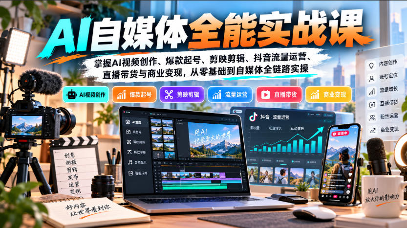 【无水印】AI自媒体全能实战课，掌握AI视频创作、爆款起号、剪映剪辑、抖音流量运营、直播带货与商业变现，从零基础到自媒体全链路实操-LanTi云网创