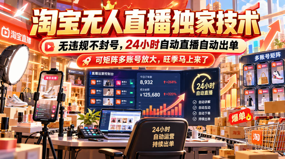 淘宝无人直播独家技术，无违规不封号，24小时自动直播自动出单，可矩阵多账号放大，旺季马上来了【揭秘】-LanTi云网创