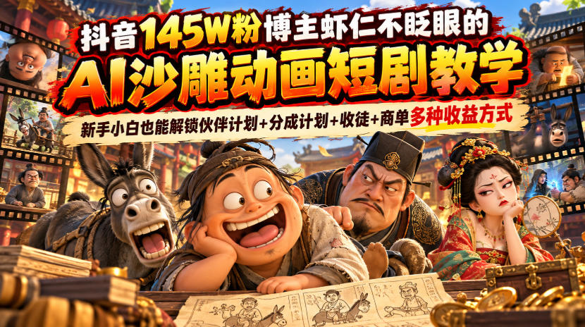 抖音145W粉博主虾仁不眨眼的AI沙雕动画短剧教学，新手小白也能解锁伙伴计划+分成计划+收徒+商单多种收益方式-LanTi云网创