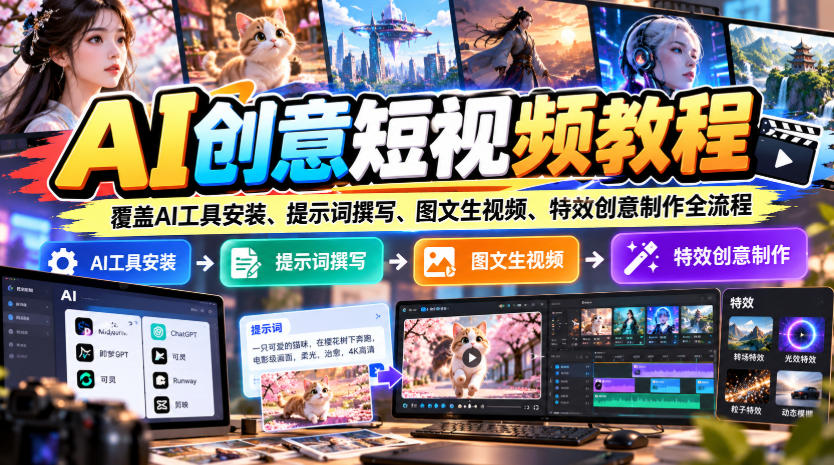 AI创意短视频教程，覆盖AI工具安装、提示词撰写、图文生视频、特效创意制作全流程-LanTi云网创