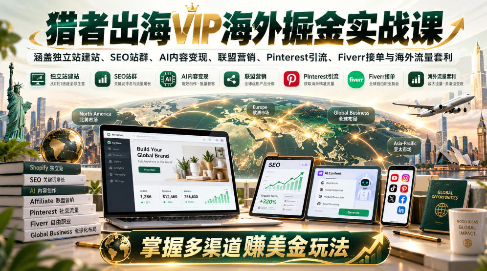 猎者出海VIP海外掘金实战课：涵盖独立站、SEO站群、AI变现、联盟营销、Pinterest引流、Fiverr接单与海外流量套利，掌握多渠道賺美金玩法-LanTi云网创