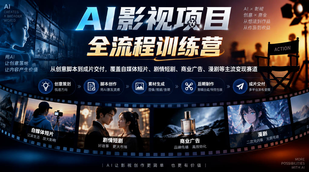 AI影视项目全流程训练营，从创意脚本到成片交付，覆盖自媒体短片、剧情短剧、商业广告、漫剧等主流变现赛道-LanTi云网创