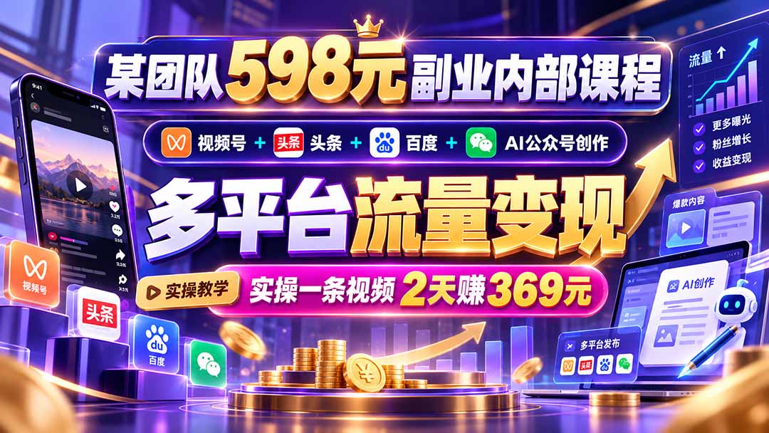 某团队598元副业内部课程：视频号+头条+百度+AI公众号创作、多平台流量变现，实操一条视频2天赚369元-LanTi云网创