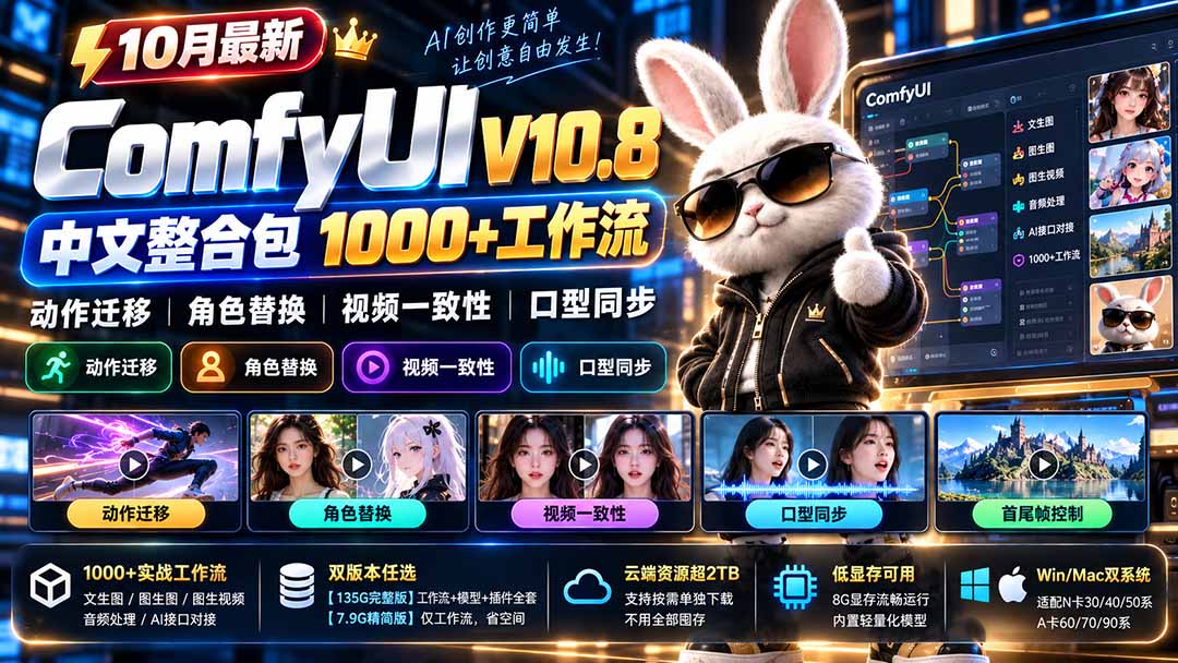 10月最新ComfyUI V10.8中文整合包 1000+工作流 动作迁移 角色替换 视频一致性 口型同步 低显存可用-LanTi云网创