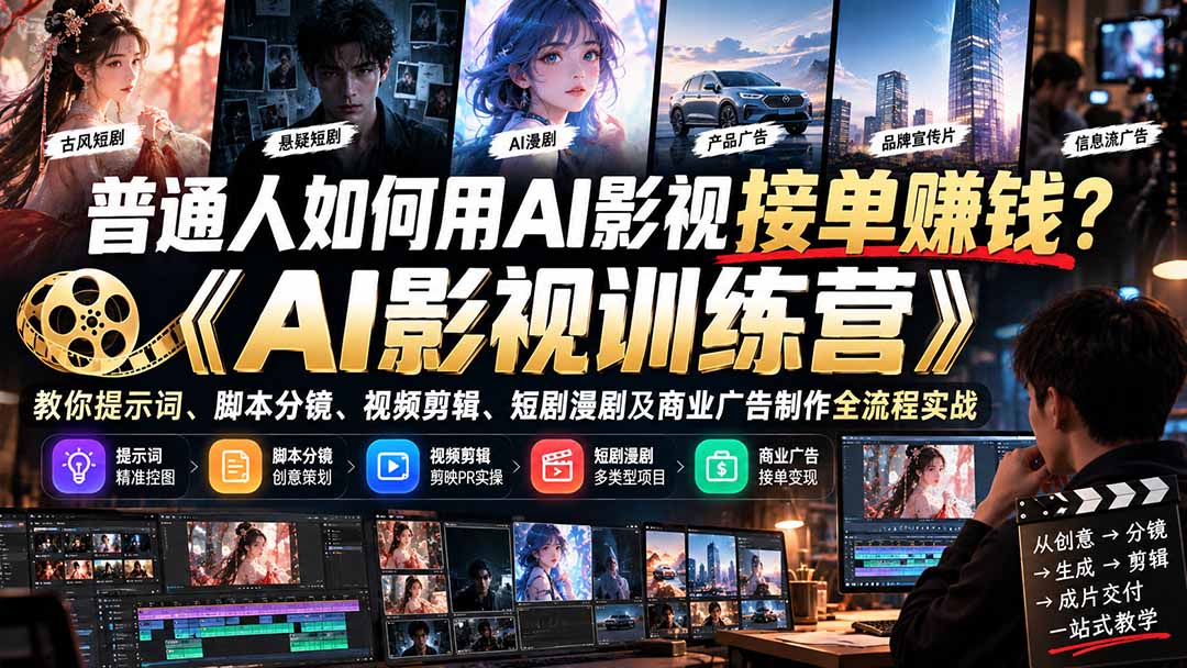 普通人如何用AI影视接单赚钱？《AI影视训练营》教你提示词、脚本分镜、视频剪辑、短剧漫剧及商业广告制作全流程实战-LanTi云网创