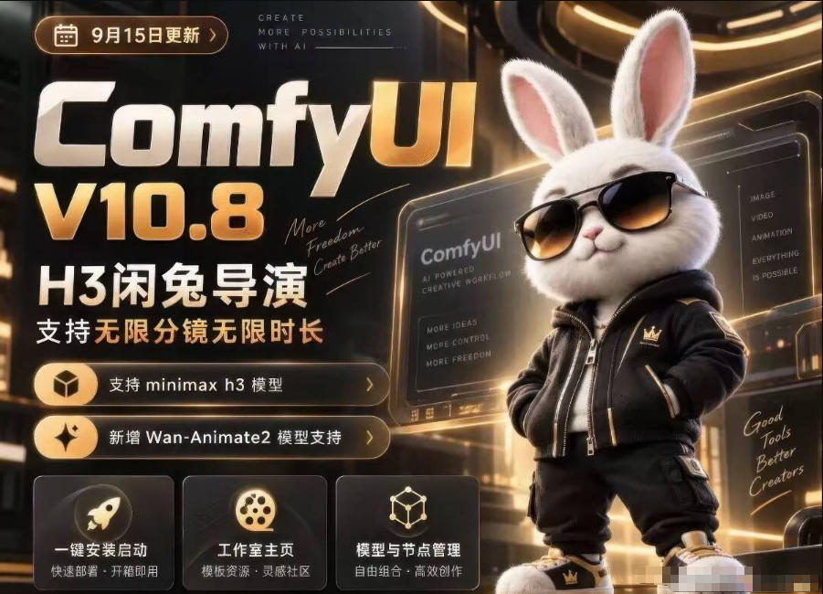 ComfyUI V10.8中文整合包，H3闲兔导演，支持无限分镜无限时长，1000+工作流，动作迁移，角色替换，视频一致性，口型同步，低显存可用-LanTi云网创