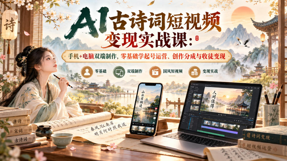 AI古诗词短视频变现实战课：手机+电脑双端制作，零基础学起号运营、创作分成与收徒变现-LanTi云网创