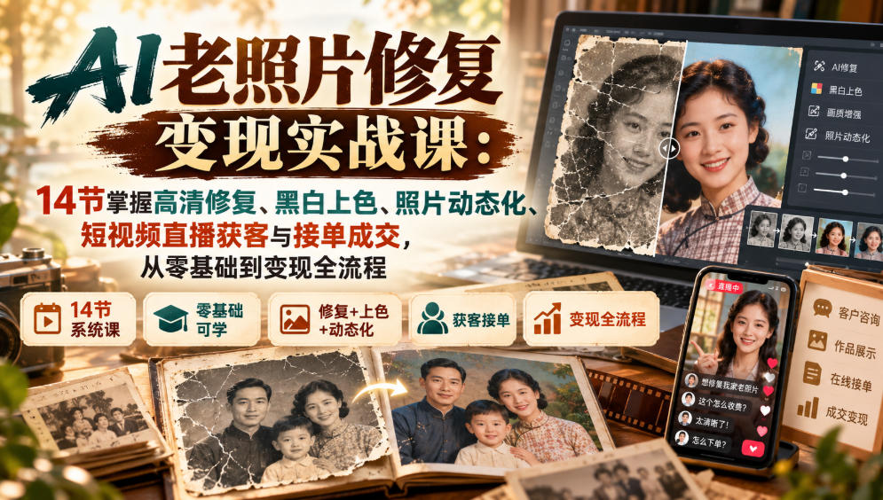 AI老照片修复变现实战课：14节掌握高清修复、黑白上色、照片动态化、短视频直播获客与接单成交，从零基础到变现全流程-LanTi云网创