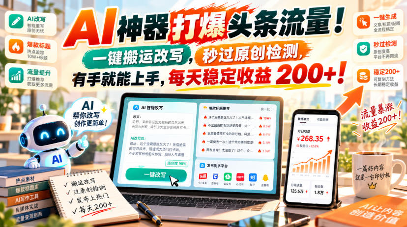 AI神器打爆头条流量，一键搬运改写，秒过原创检测，有手就能上手，每天稳定收益200+！【揭秘】-LanTi云网创
